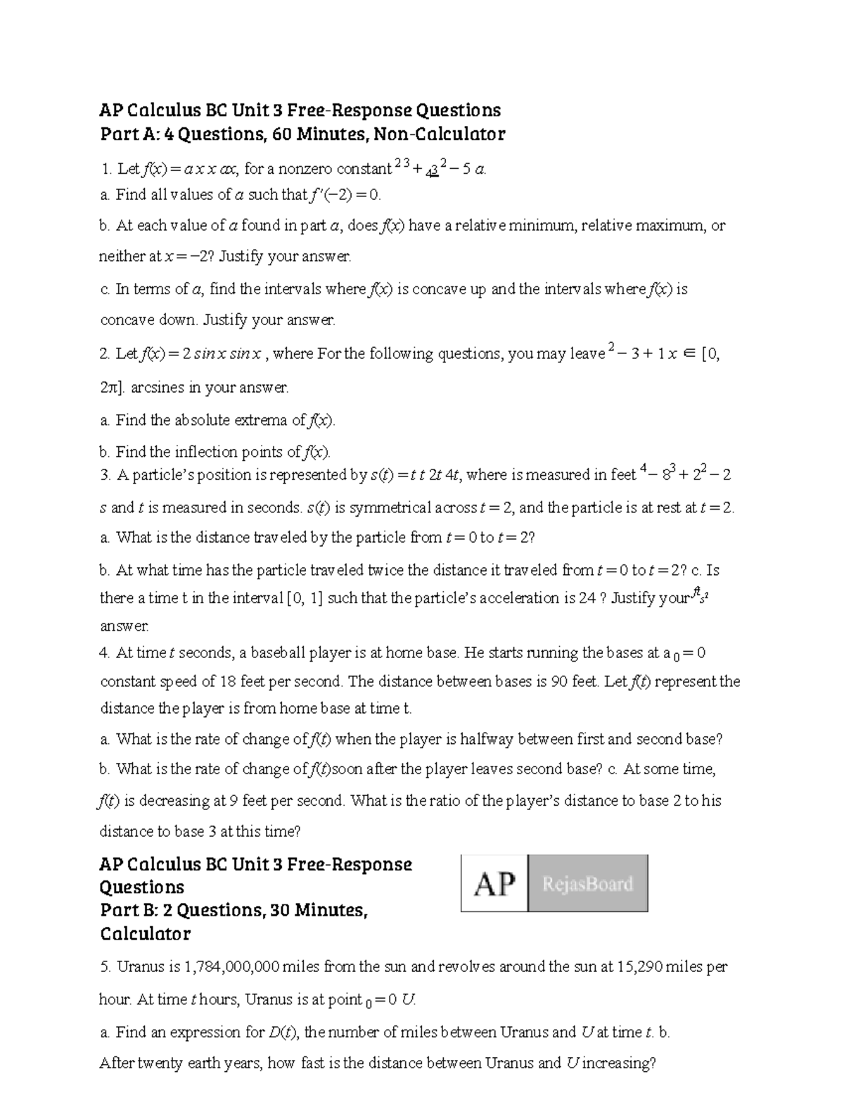 BC Calc Unit 3 FRQ Practice AP Calculus BC Unit 3 Free Response Questions Part A 4 Questions 60 Studocu