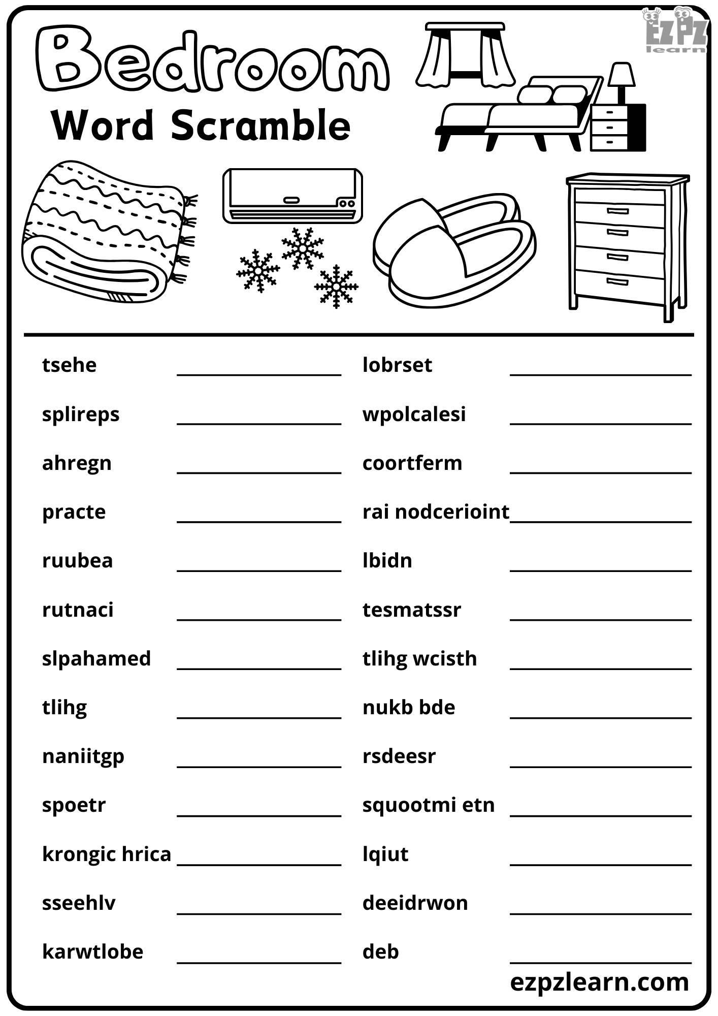 Bedroom Word Scramble 25 Vocabulary Words Free Printable PDF File Ezpzlearn