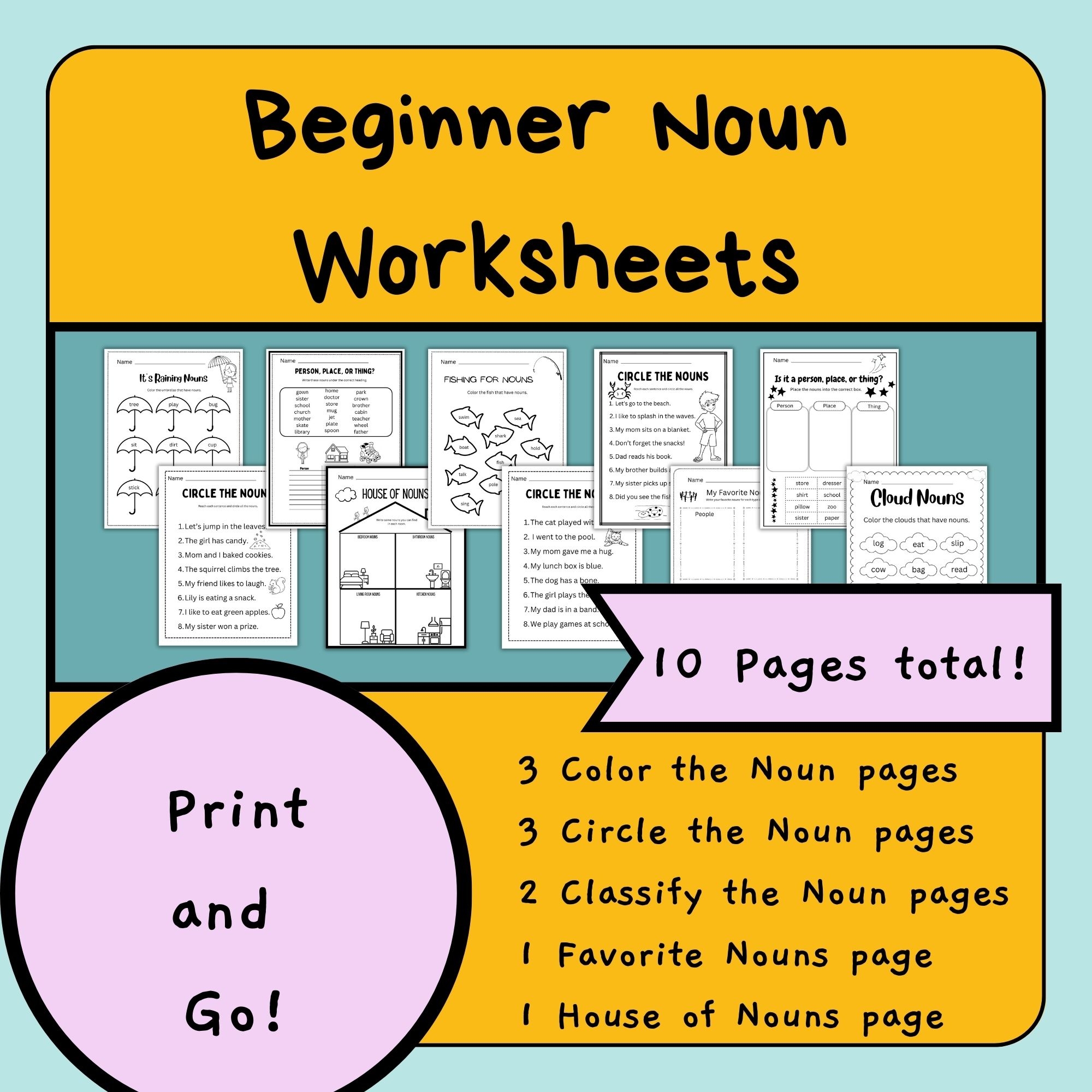 Beginner Noun Worksheets Color Nouns Circle Nouns Classify Nouns 