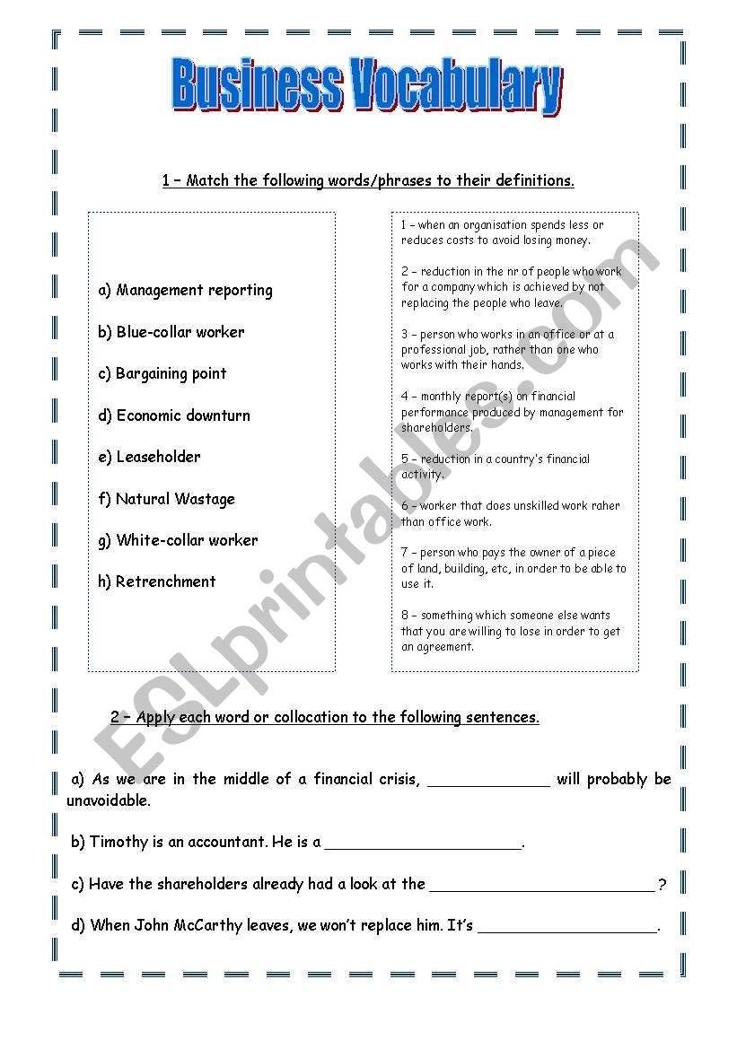 Business Vocabulary ESL Worksheet By ARaquelSP