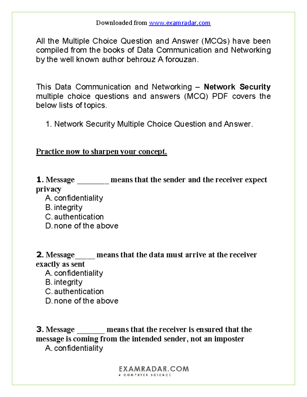 CH 31 Network Security MCQ Practice Questions U0026 Answers Pdf Studocu