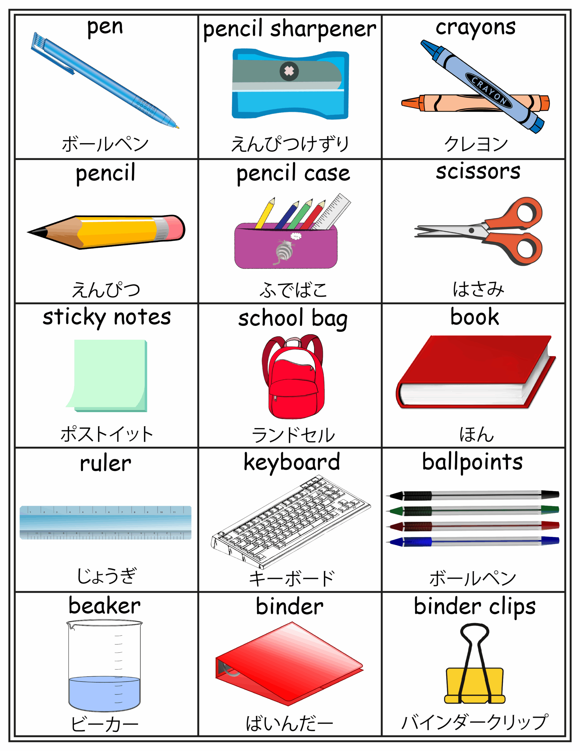 Classroom English Japanese Flash Cards School Vocabulary Word Walls Printable
