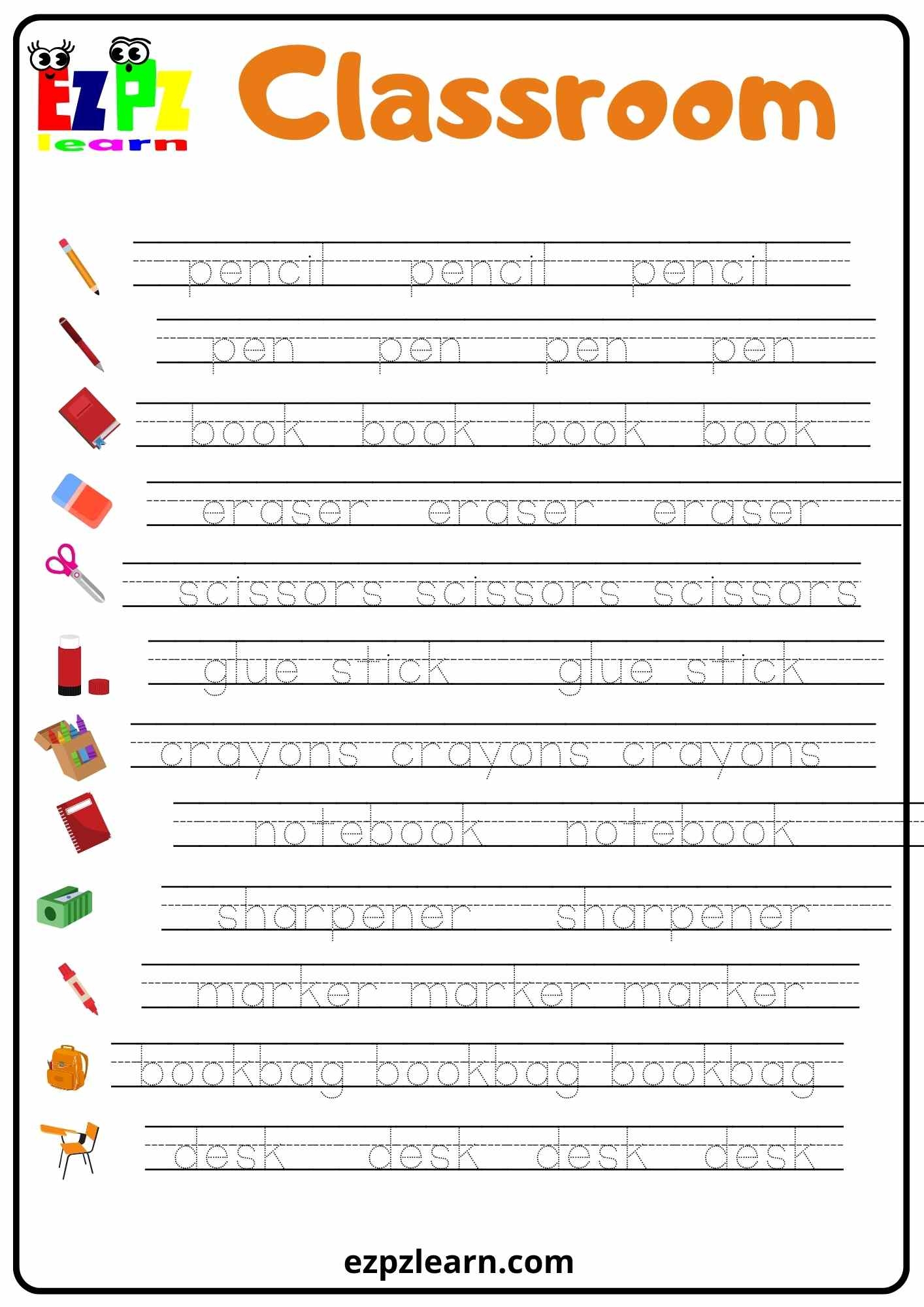Classroom Objects Word Tracing Worksheet Ezpzlearn