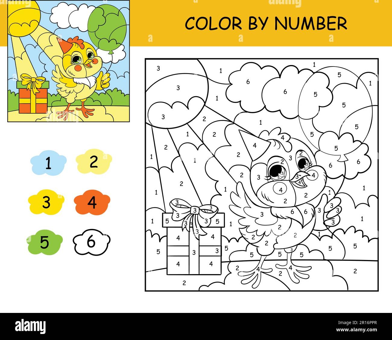 Coloring Puzzle With Number Of Color For Kids With Cute Chicken 
