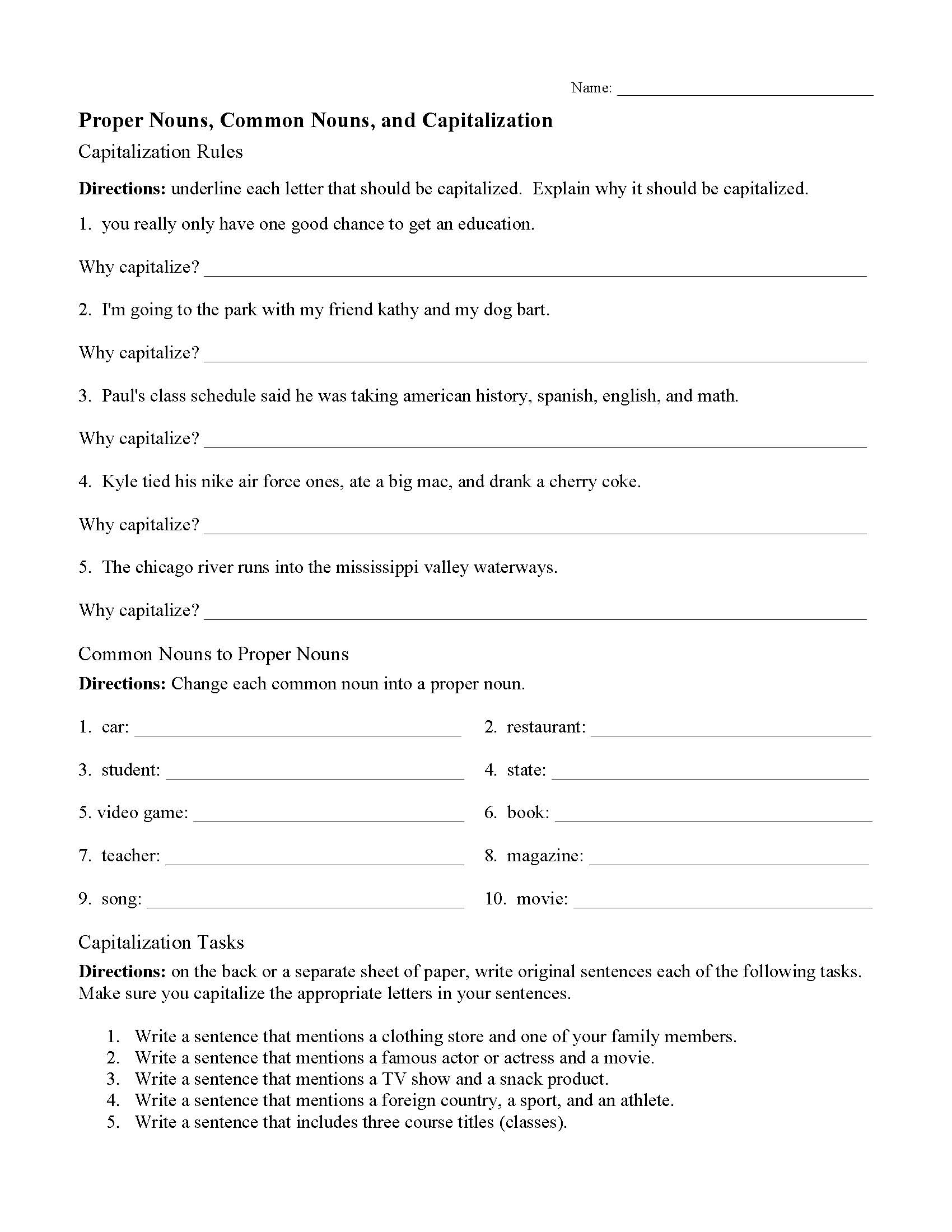 Common And Proper Nouns And Capitalization Worksheet Grammar 
