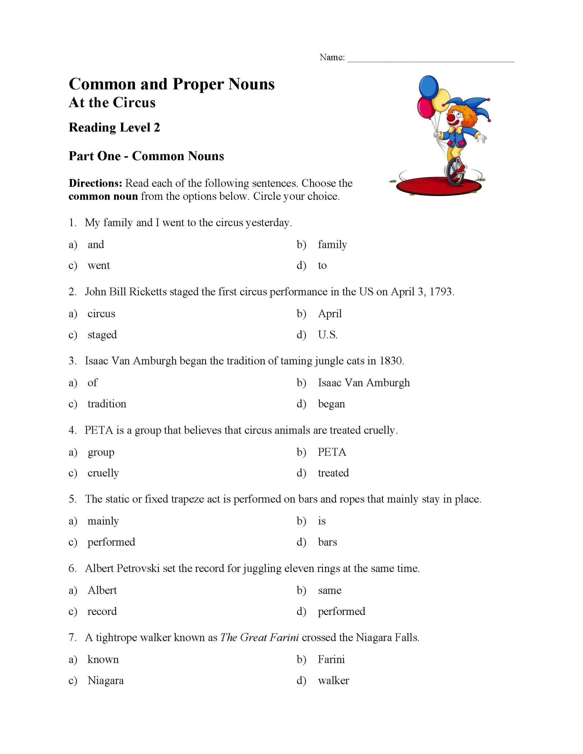 Common And Proper Nouns Test 2 Reading Level 2 Preview Worksheets Library
