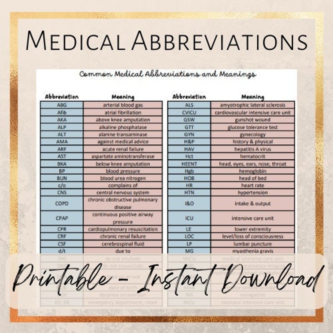 Common Medical Abbreviations U0026 Meanings Cheat Sheet Etsy