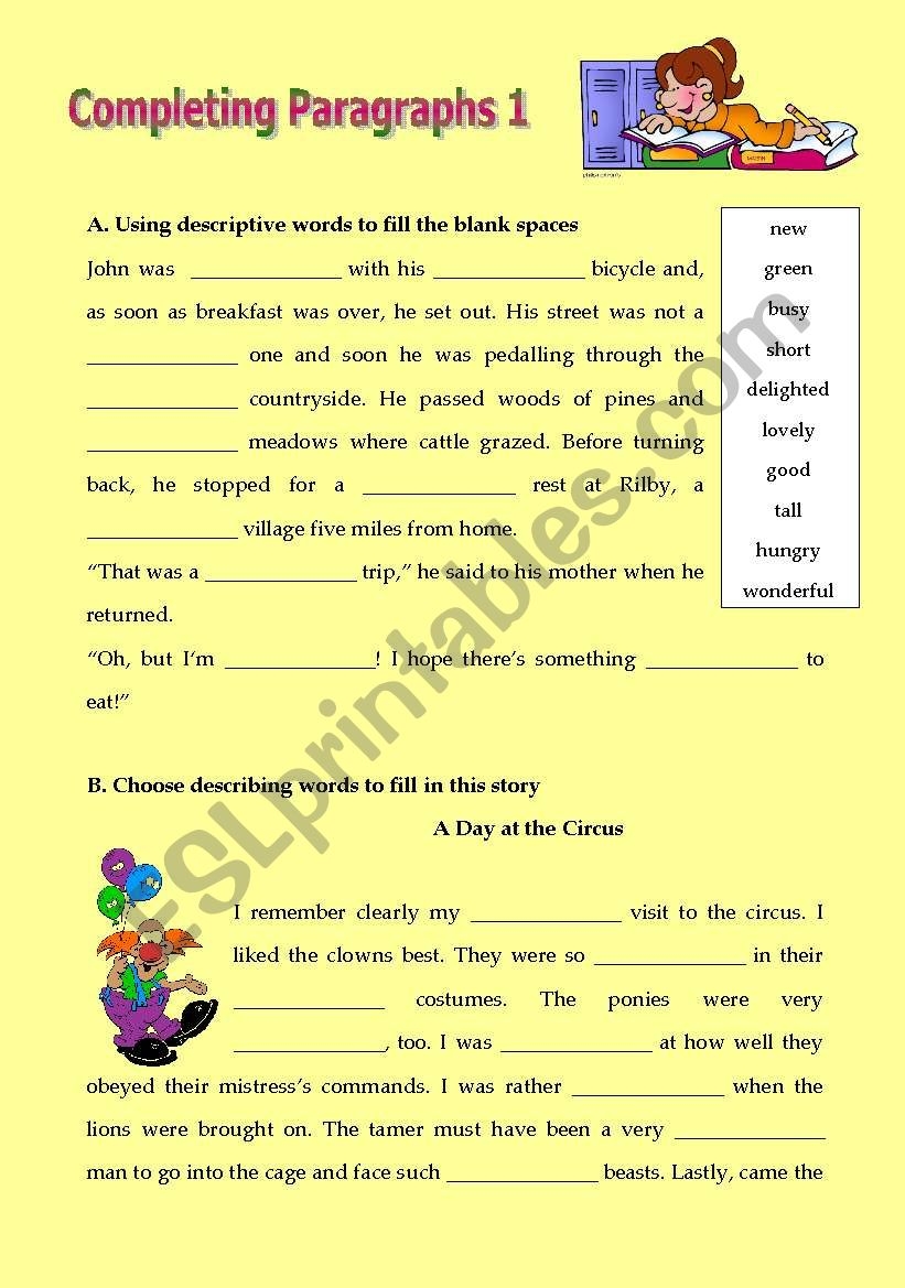 Completeing Paragraphs 1 ESL Worksheet By Marthese26