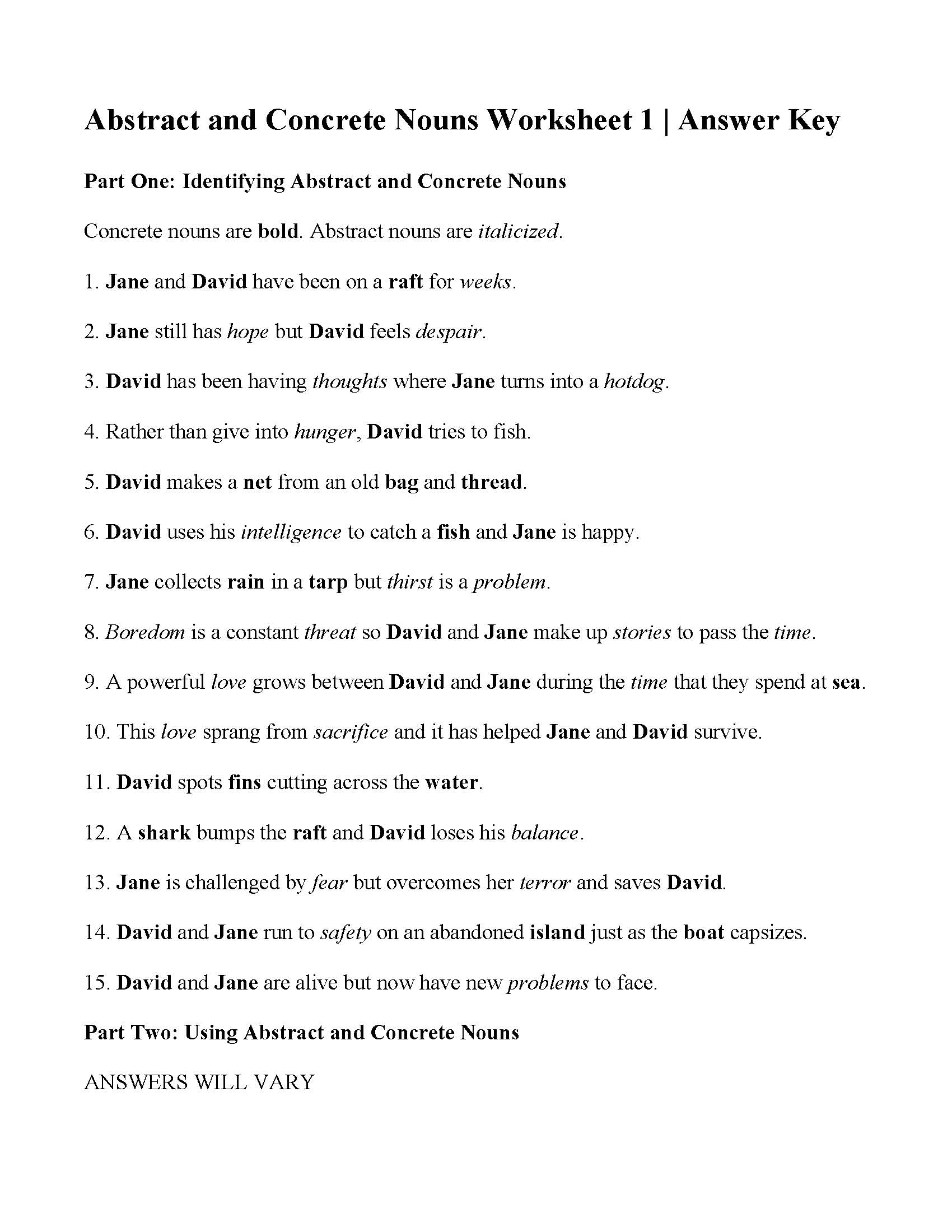Concrete And Abstract Nouns Worksheet 