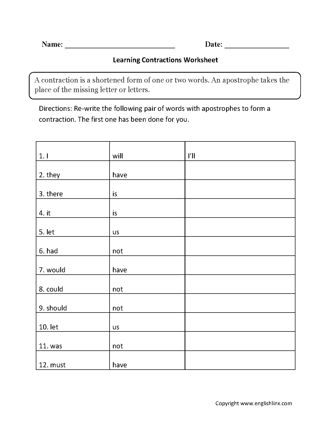 contractions worksheets grade 5