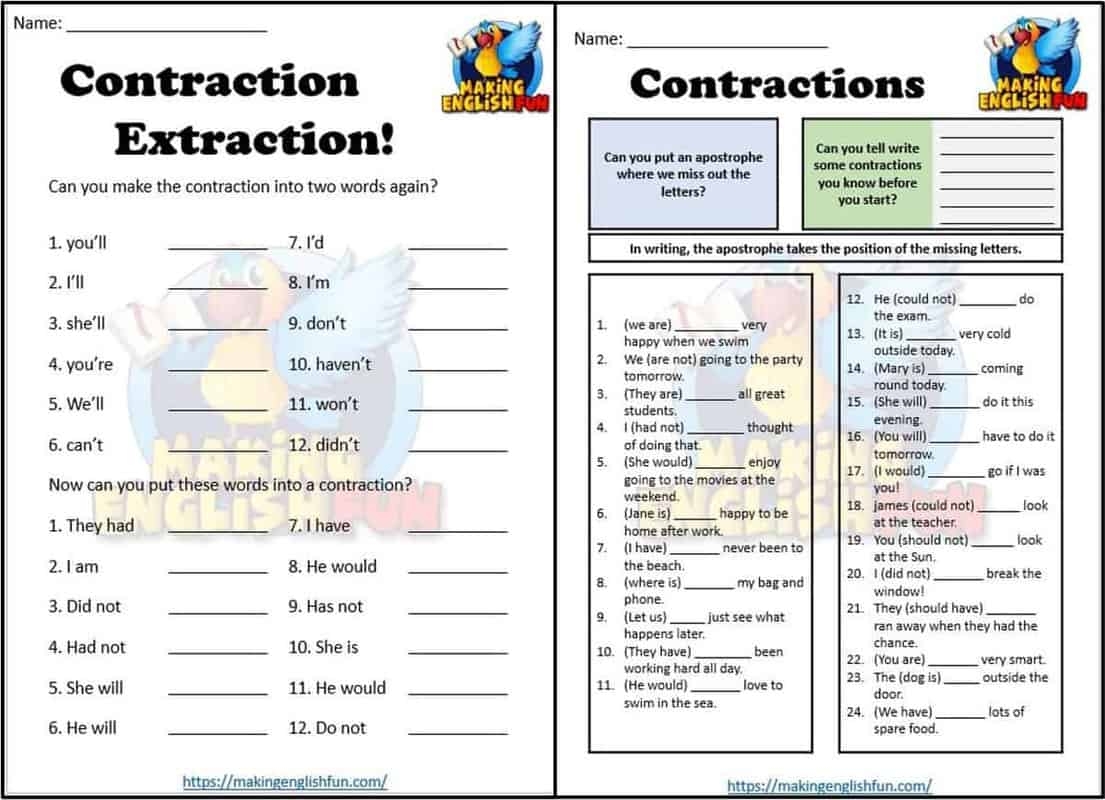 Contractions WorksheetsMaking English Fun