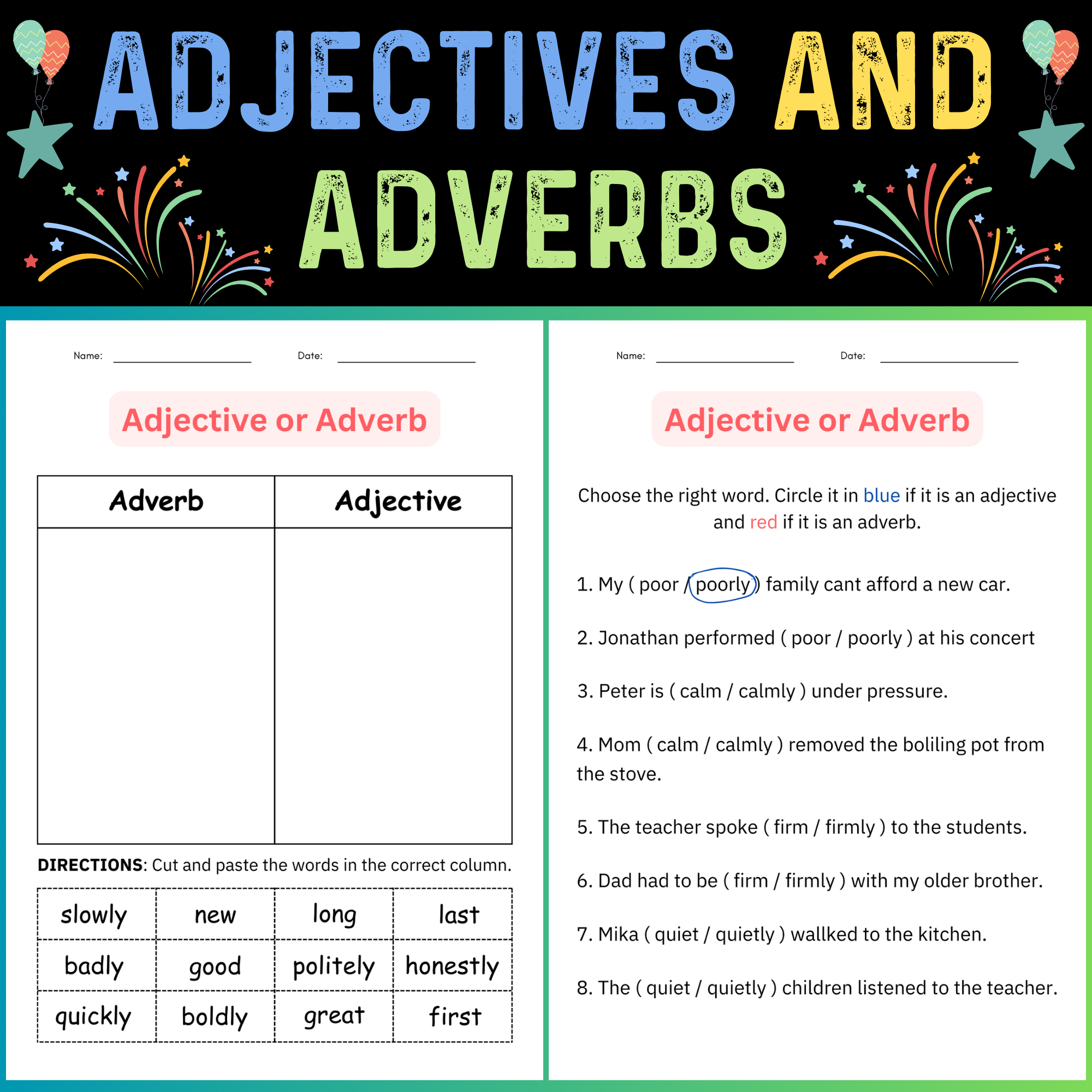 adverb adjective noun verb worksheet