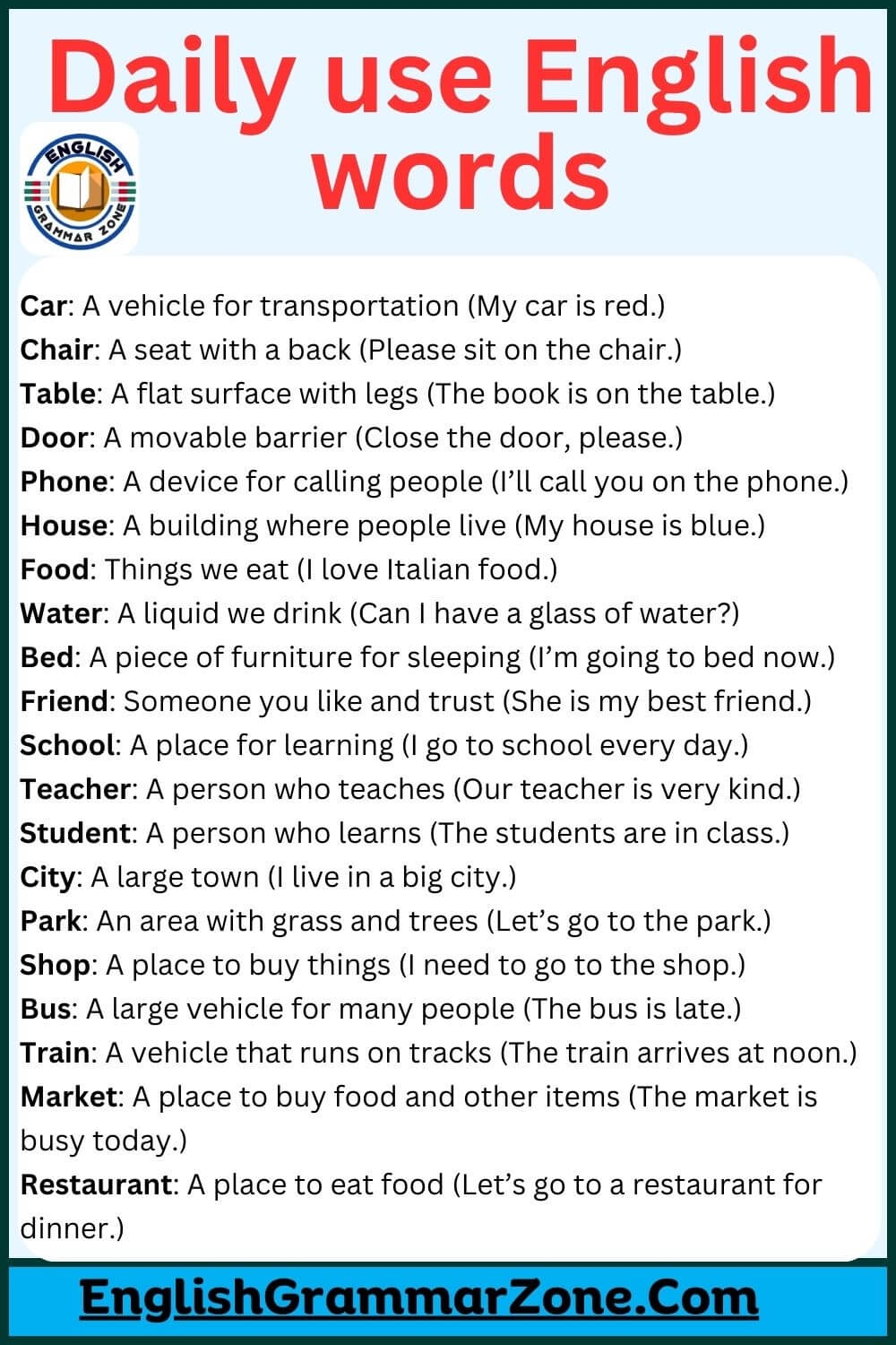 Daily Use English Words Meaning And Example Sentence