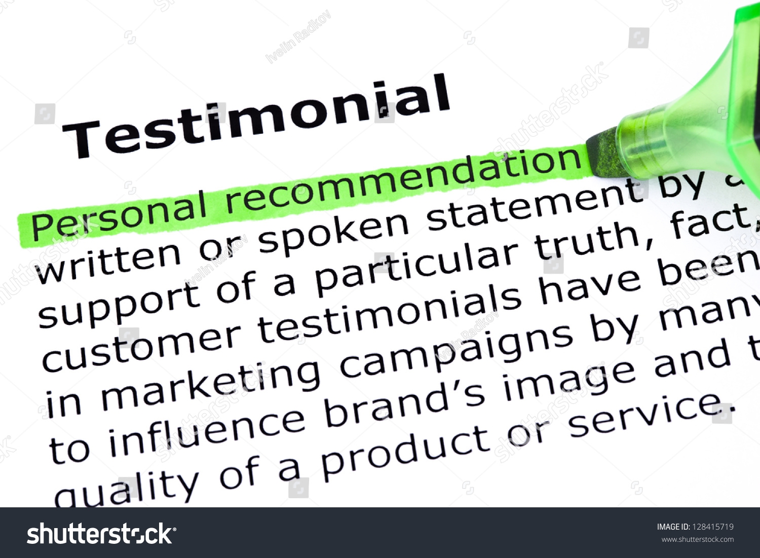 Definition Word Testimonial Personal Recommendation Highlighted Stock Photo 128415719 Shutterstock