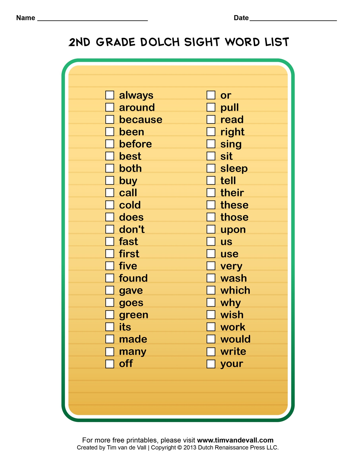 2nd grade list of words