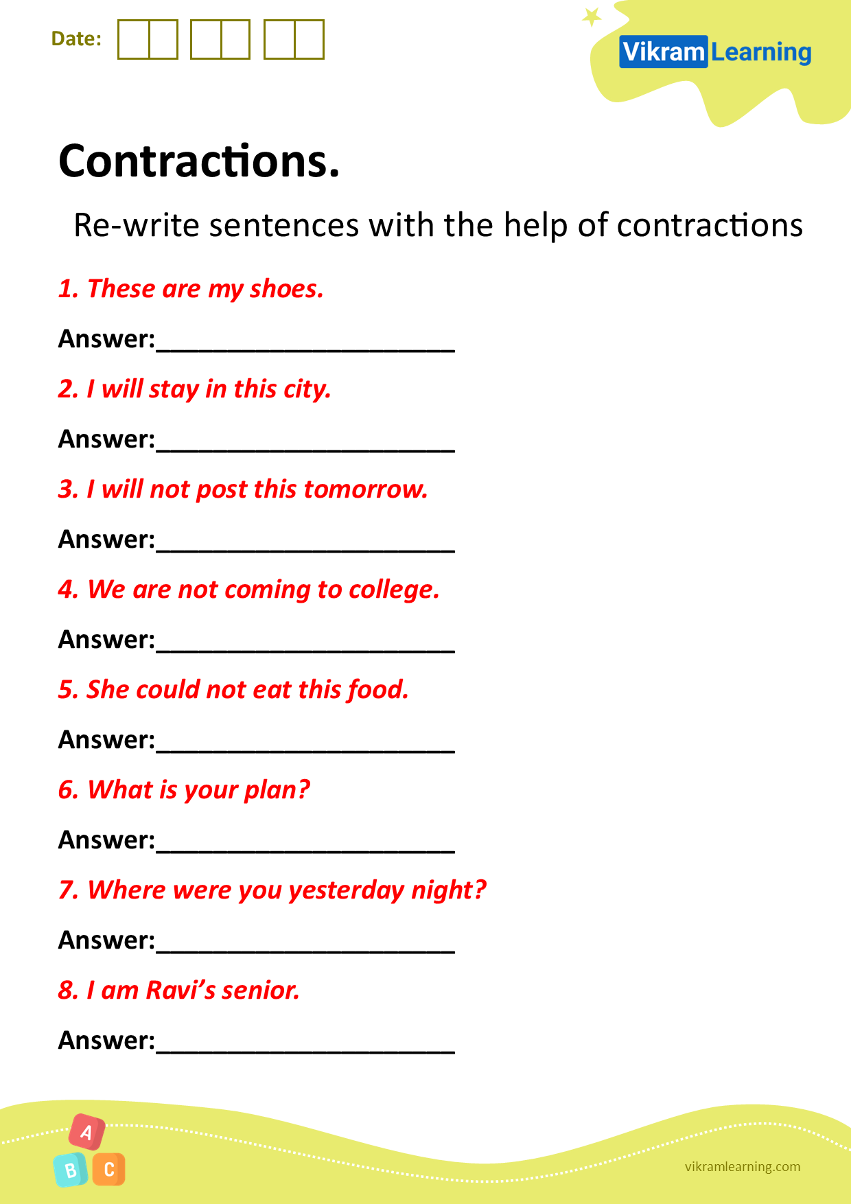 Download Contractions Worksheets For Free Vikramlearning