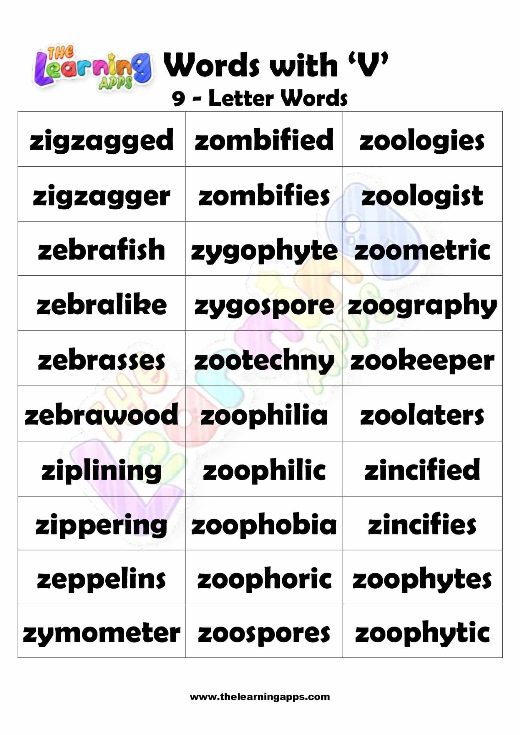 Download Free Printable 9 LETTER WORD STARTING WITH Z