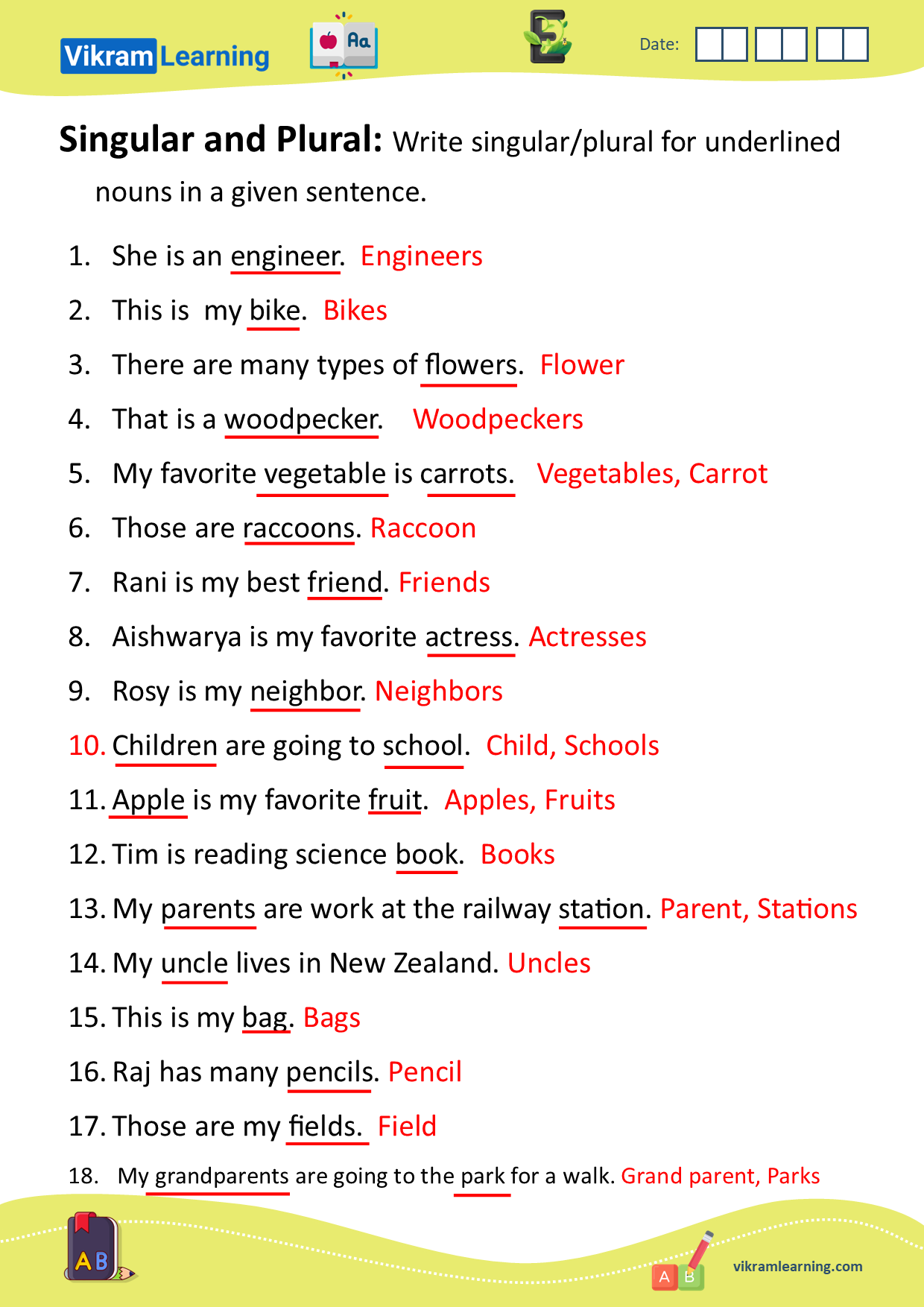 Download Singular And Plural Worksheets For Free Vikramlearning