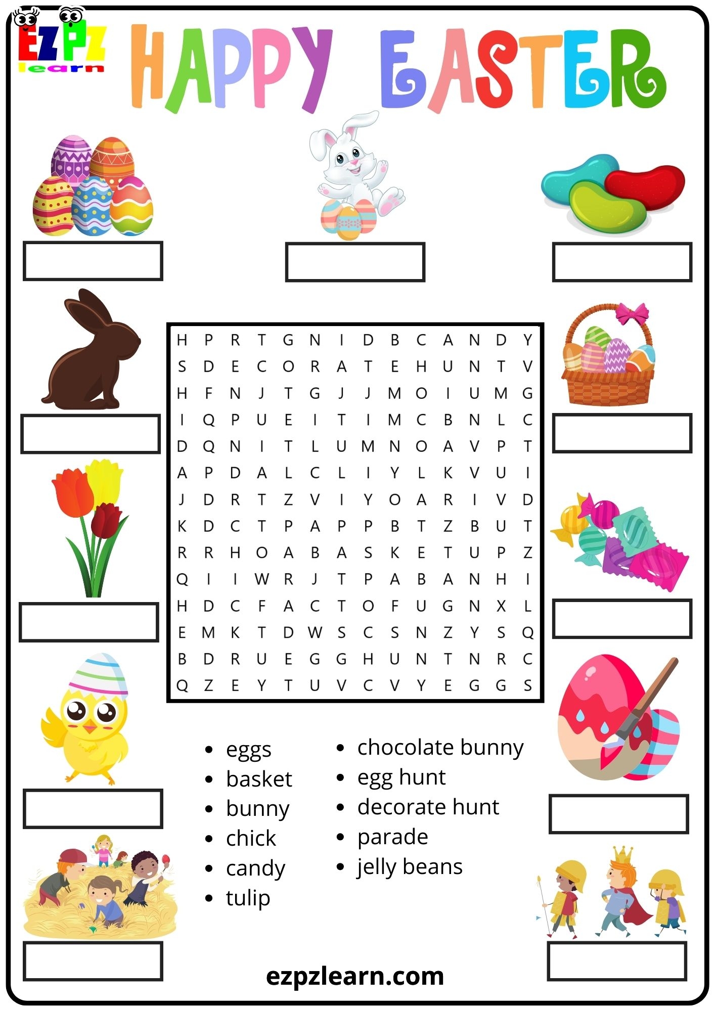 Easter Holiday Vocabulary Word Search And Match The Words Activity For Kids PDF Ezpzlearn