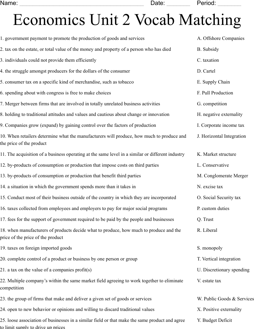 Economics Unit 2 Vocab Matching Worksheet WordMint