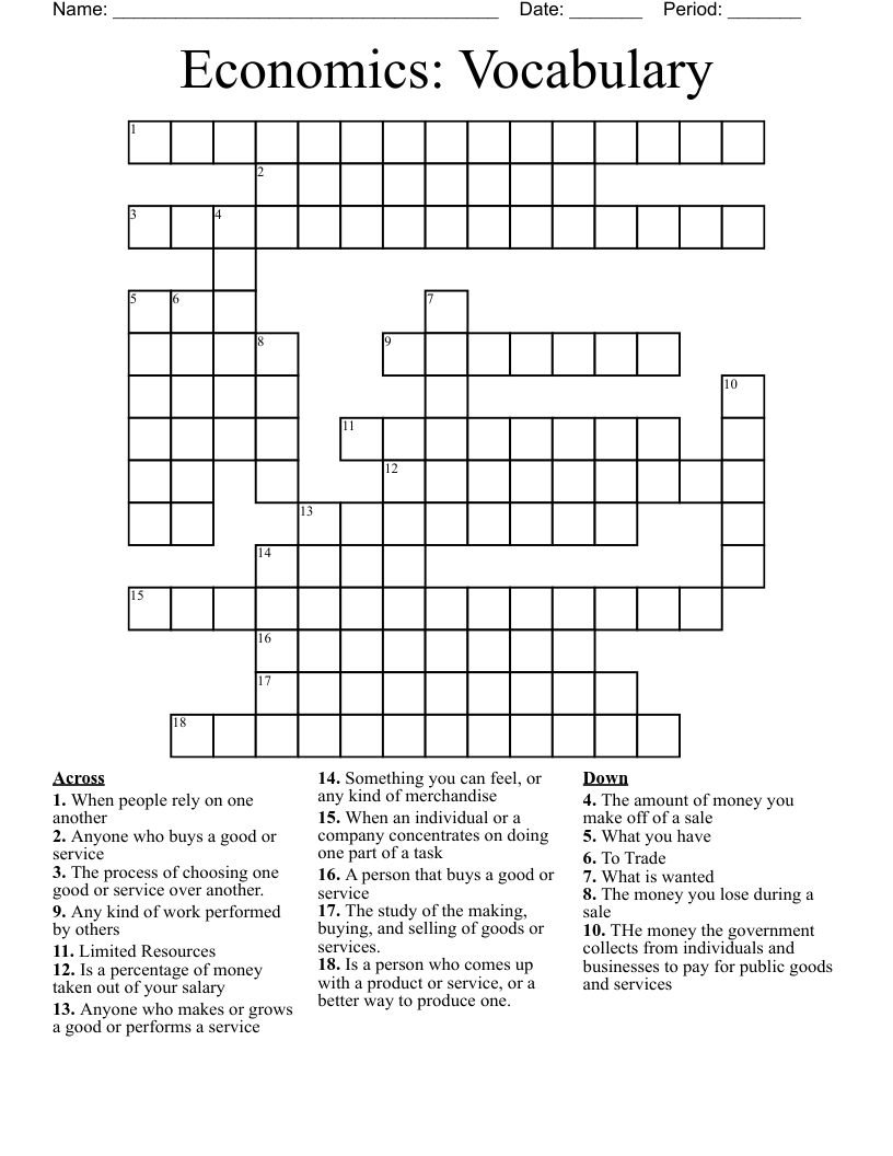 Economics Vocabulary Crossword WordMint