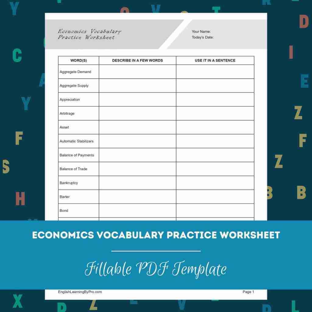 Economics Vocabulary Practice Worksheet Editable Fillable Printable PDF EnglishLearningByPro