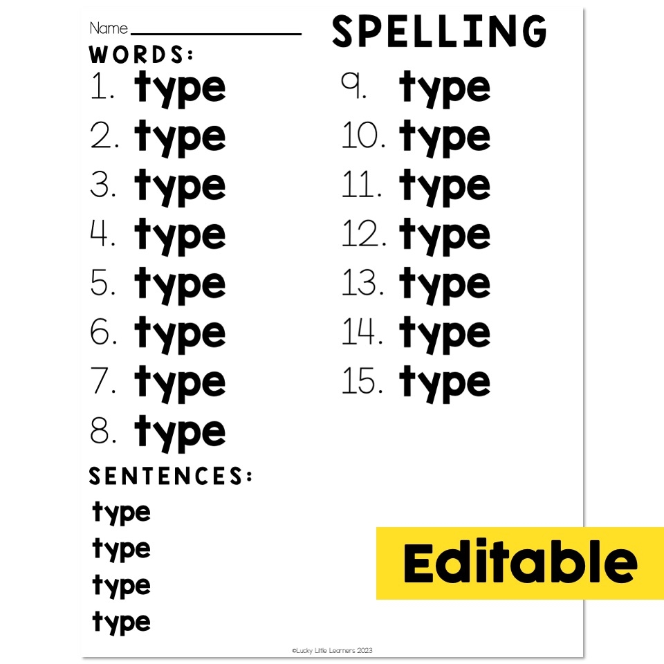 spelling words 5x each template