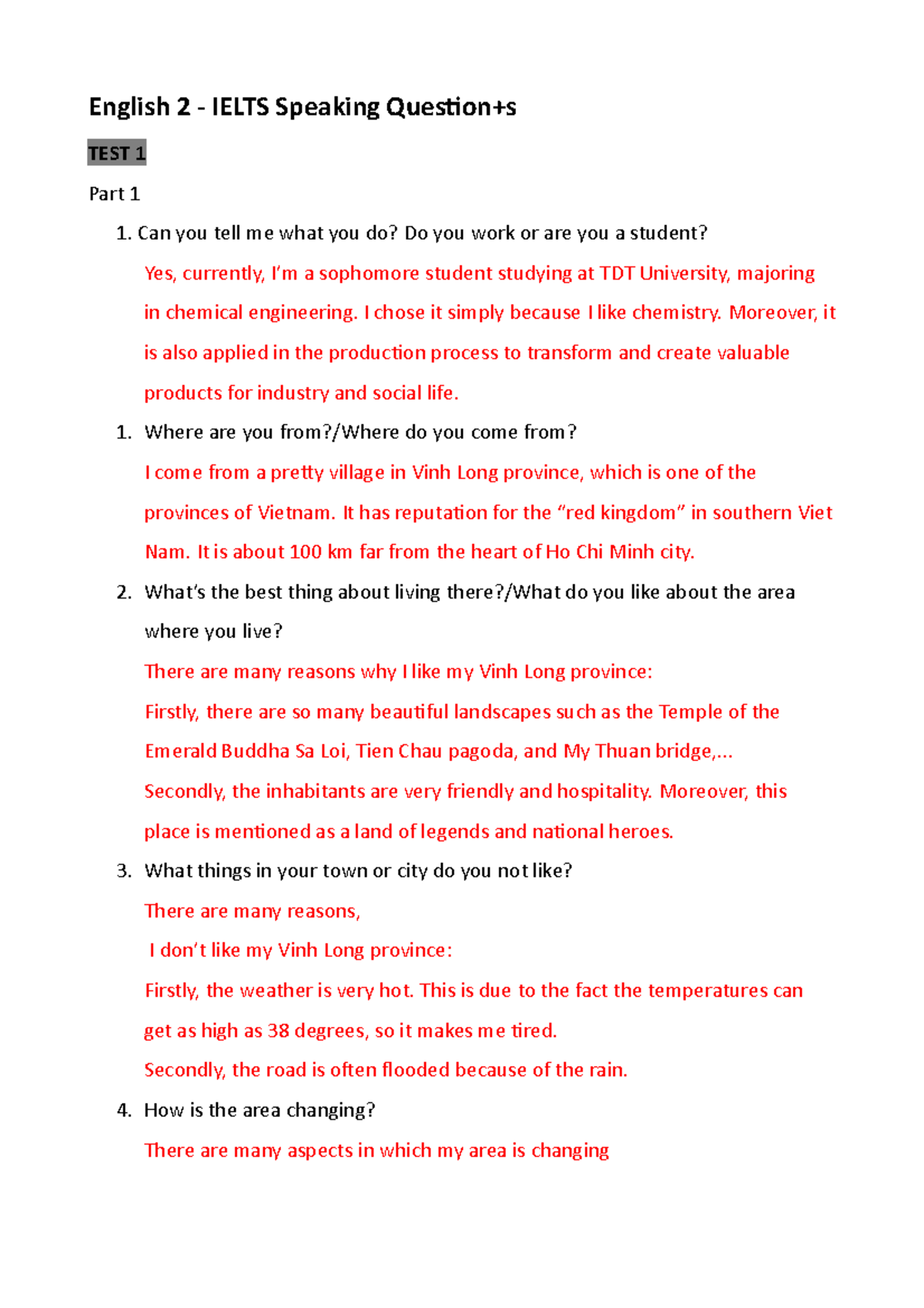 English 2 Ielts Speaking Questions English 2 IELTS Speaking Question s TEST 1 Part 1 1 Can Studocu