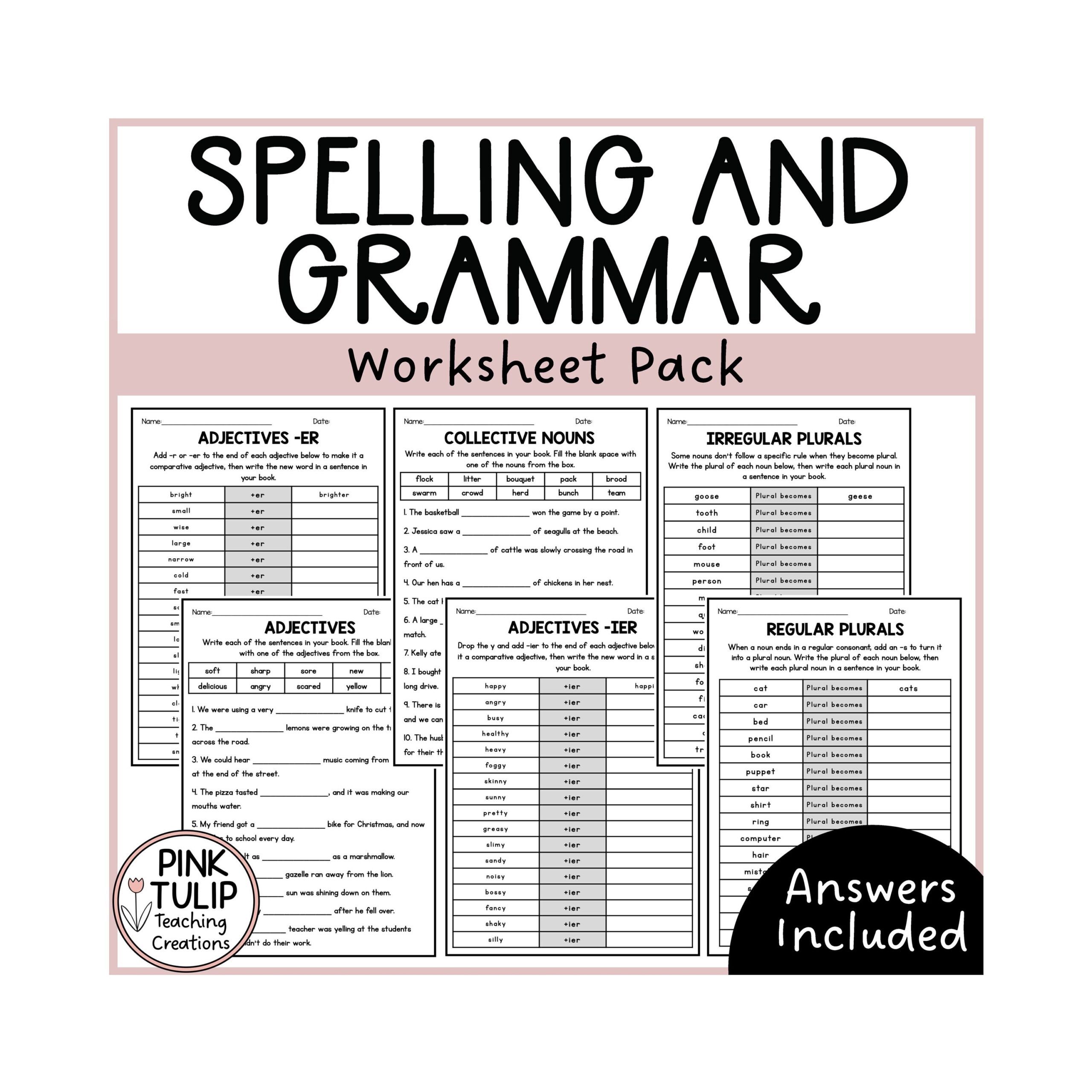 English Spelling And Grammar Worksheet Pack Etsy