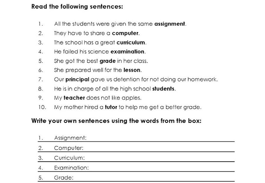 English Unite School Vocabulary Worksheet