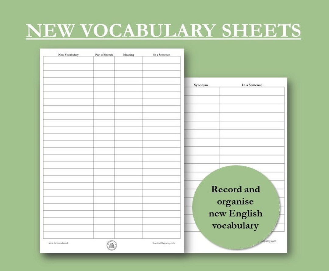 English Vocabulary Record Sheet Digital Download Printable New Language Revision Worksheet Portrait Landscape Etsy
