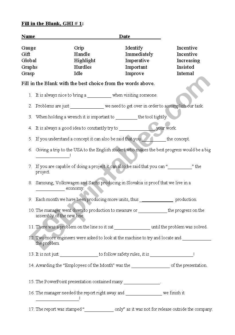 English Worksheets G H I FIll In The Blank Quiz