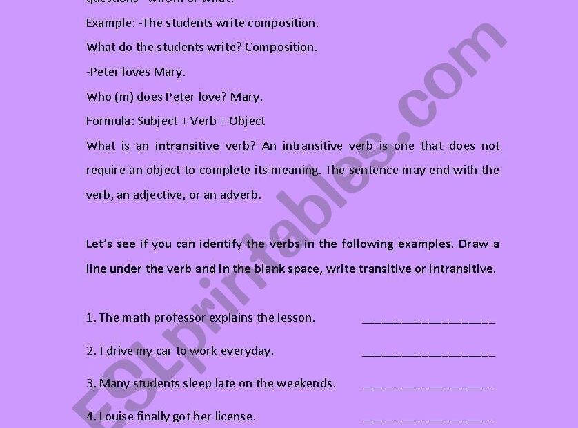 English Worksheets TRANSITIVE INTRANSITIVE VERBS Worksheets Library