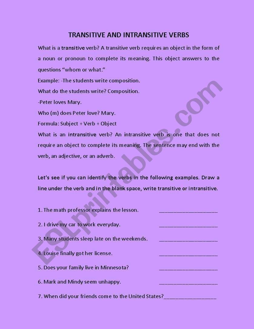transitive or intransitive verb worksheet