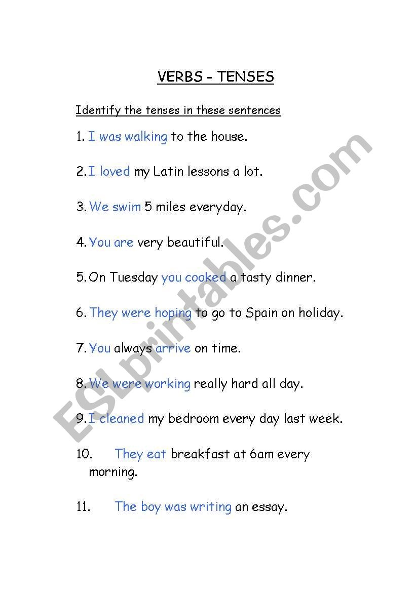 English Worksheets Verbs Tense Identification