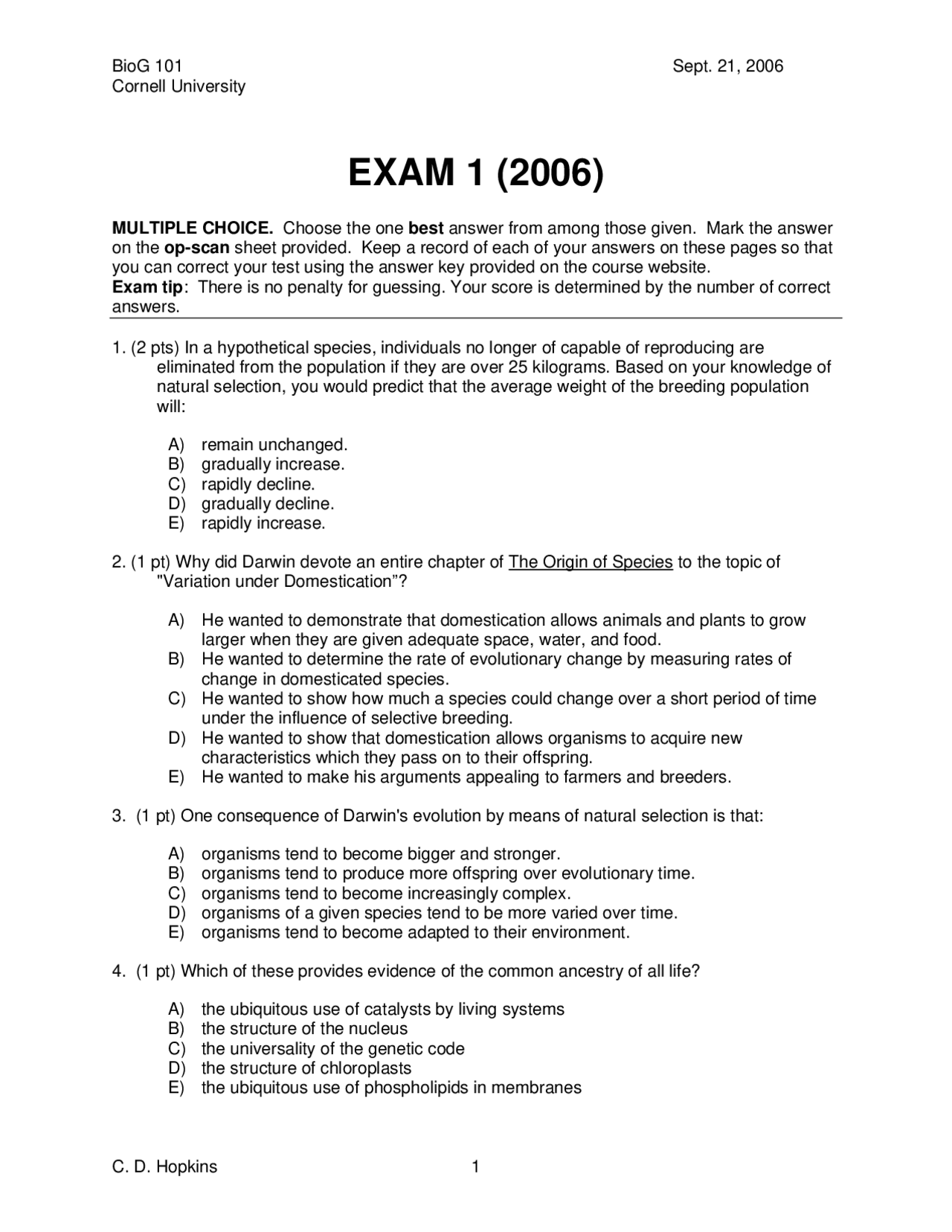 Exam 1 With 40 Multiple Choice Questions Biological Sciences 