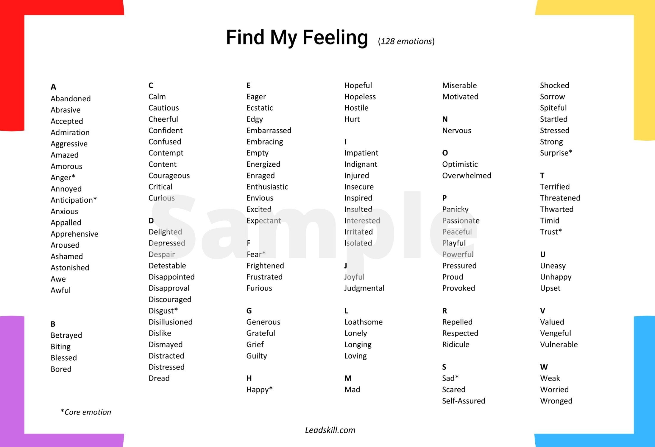Feelings Word List Complete List Of Emotions digital Download Printable 