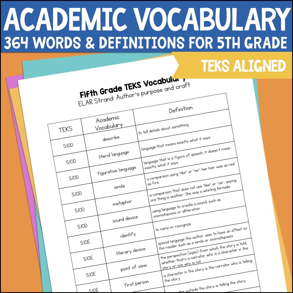 Fifth Grade ELAR TEKS Academic Vocabulary List U0026 Definitions