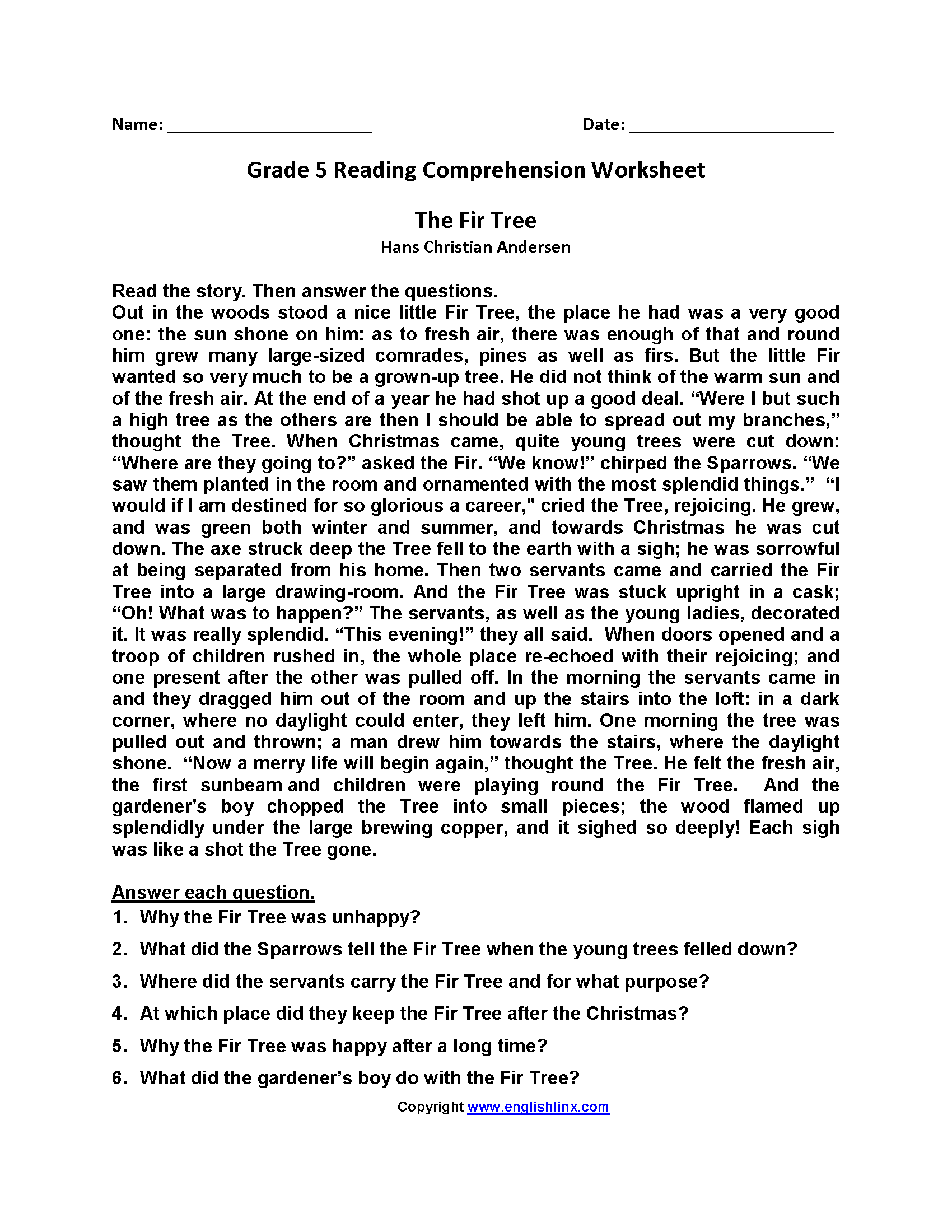 reading comprehension 5th grade printable