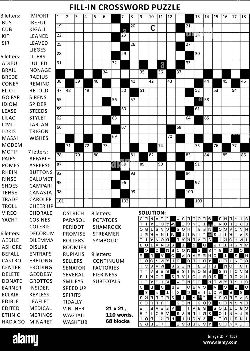 Fill In The Blanks Crossword Puzzle With American Style Grid Of 21x21 Size 68 Blocks 110 Words One Letter Revealed Answer Included Stock Vector Image U0026 Art Alamy