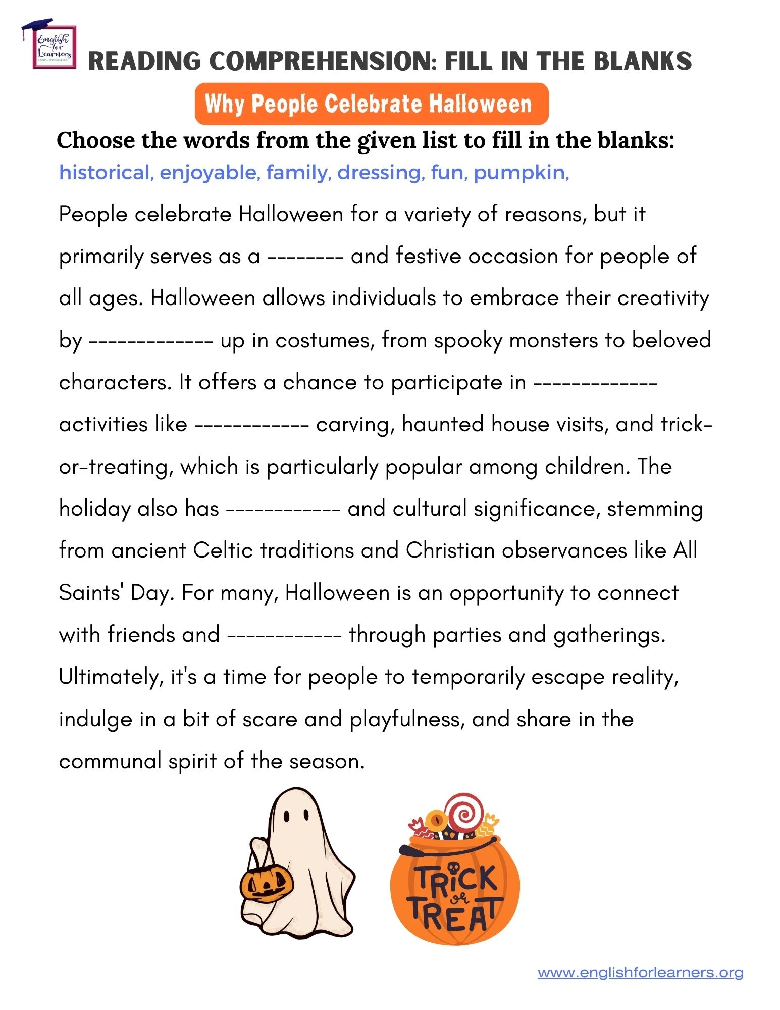 Fill In The Blanks Exercise Why People Celebrate Halloween 