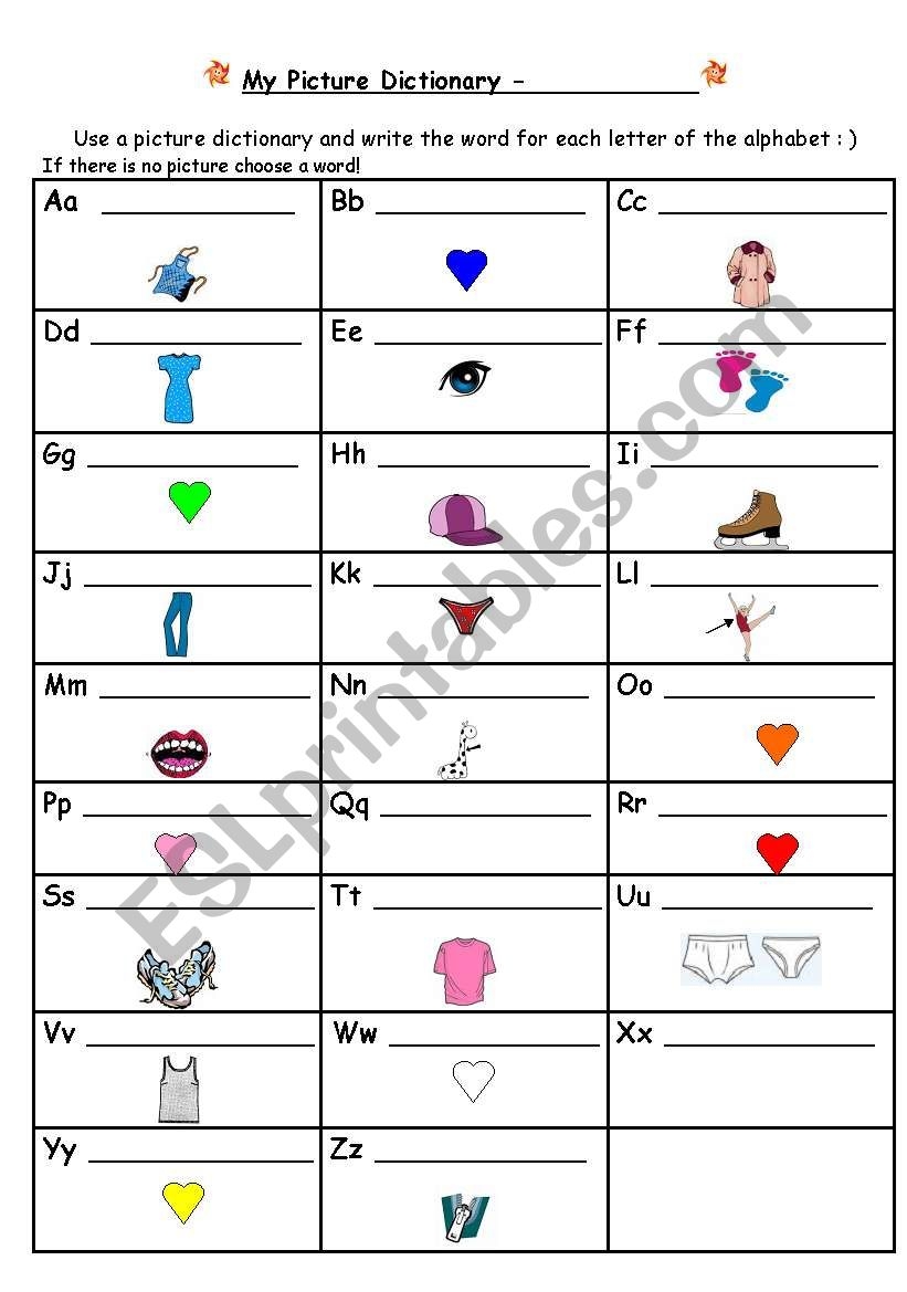 Fill In The Blanks Picture Dictionary Clothes And Colours ESL 