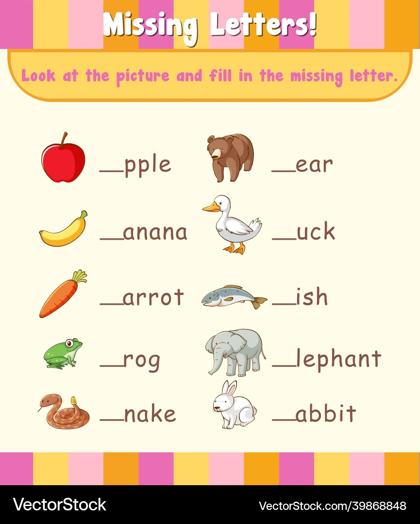 Fill In The Missing Letter Worksheet Template Vector Image