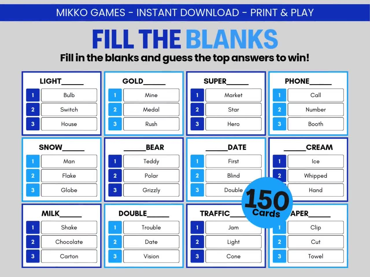 Fill The Blanks Printable Party Game Downloadable Blankety Blank Super Match Game For Adults U0026 Kids Fun Group Game Family Reunion Game