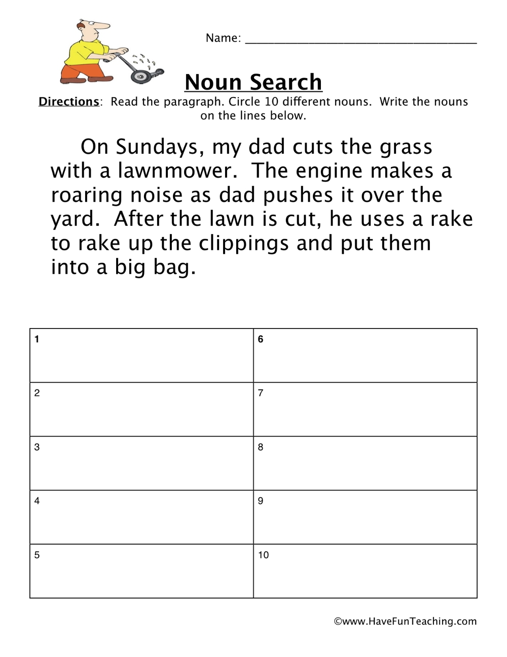 identify nouns worksheets
