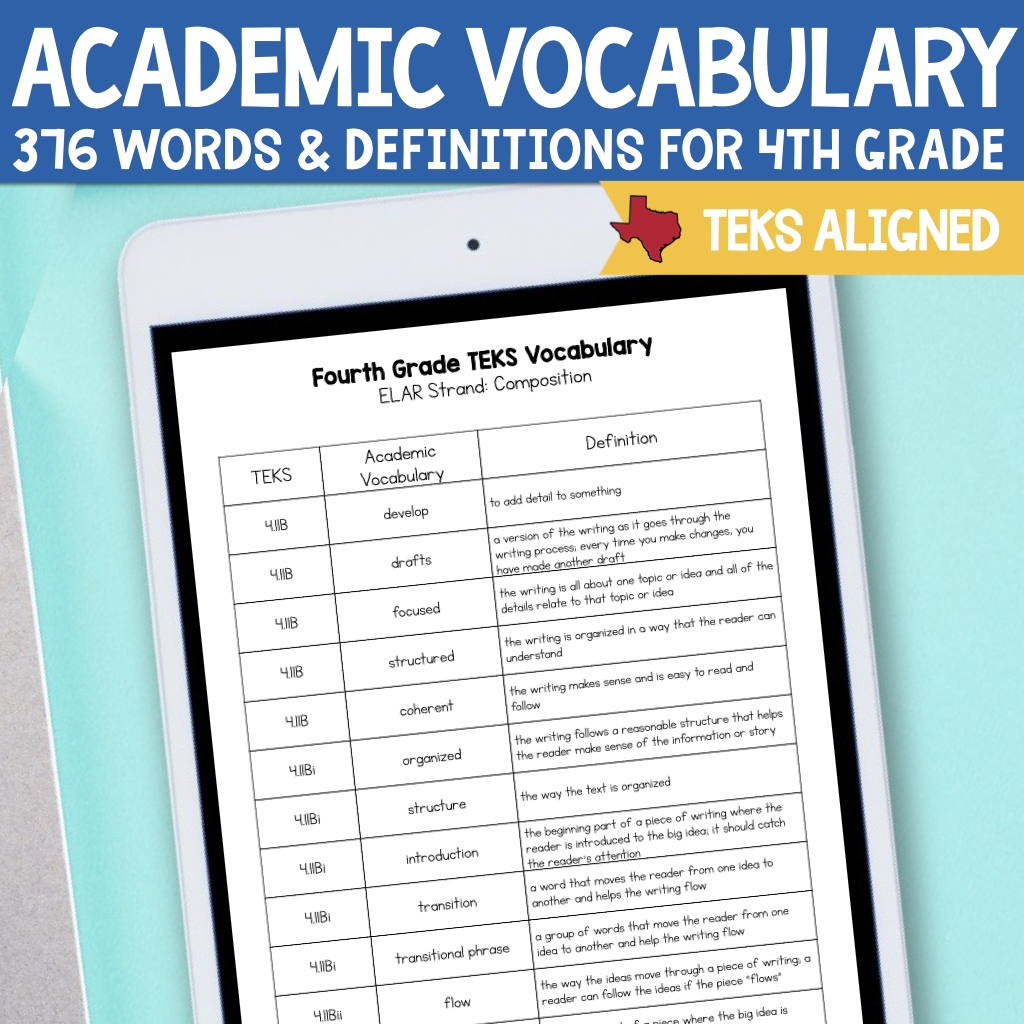 Fourth Grade ELAR TEKS Academic Vocabulary List U0026 Definitions