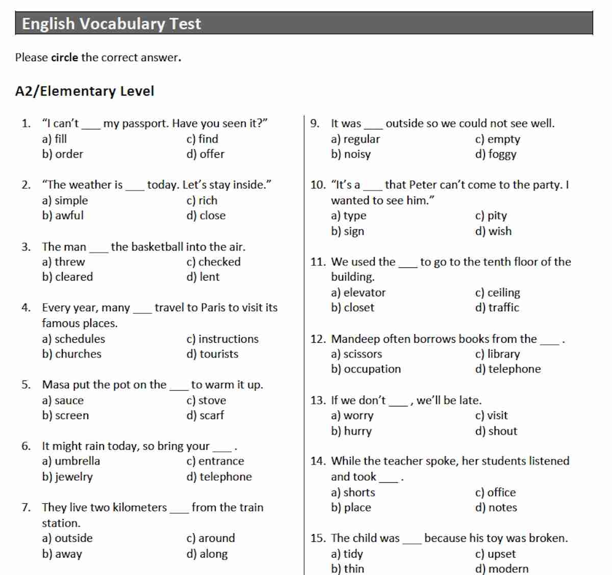 Free English Vocabulary Test PDF English Current