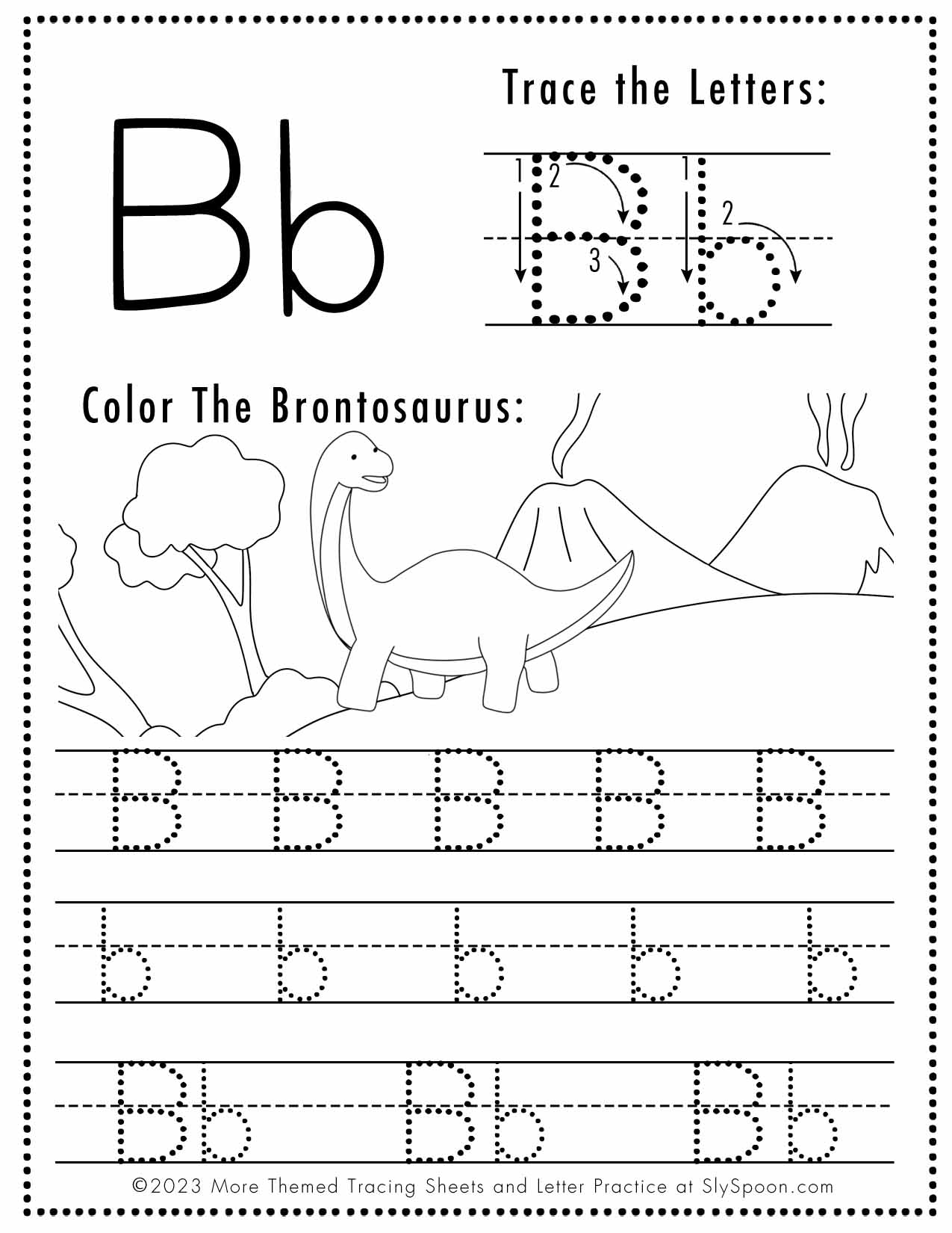 Free Letter B Tracing Worksheets Dinosaur Themed Printable Sly 