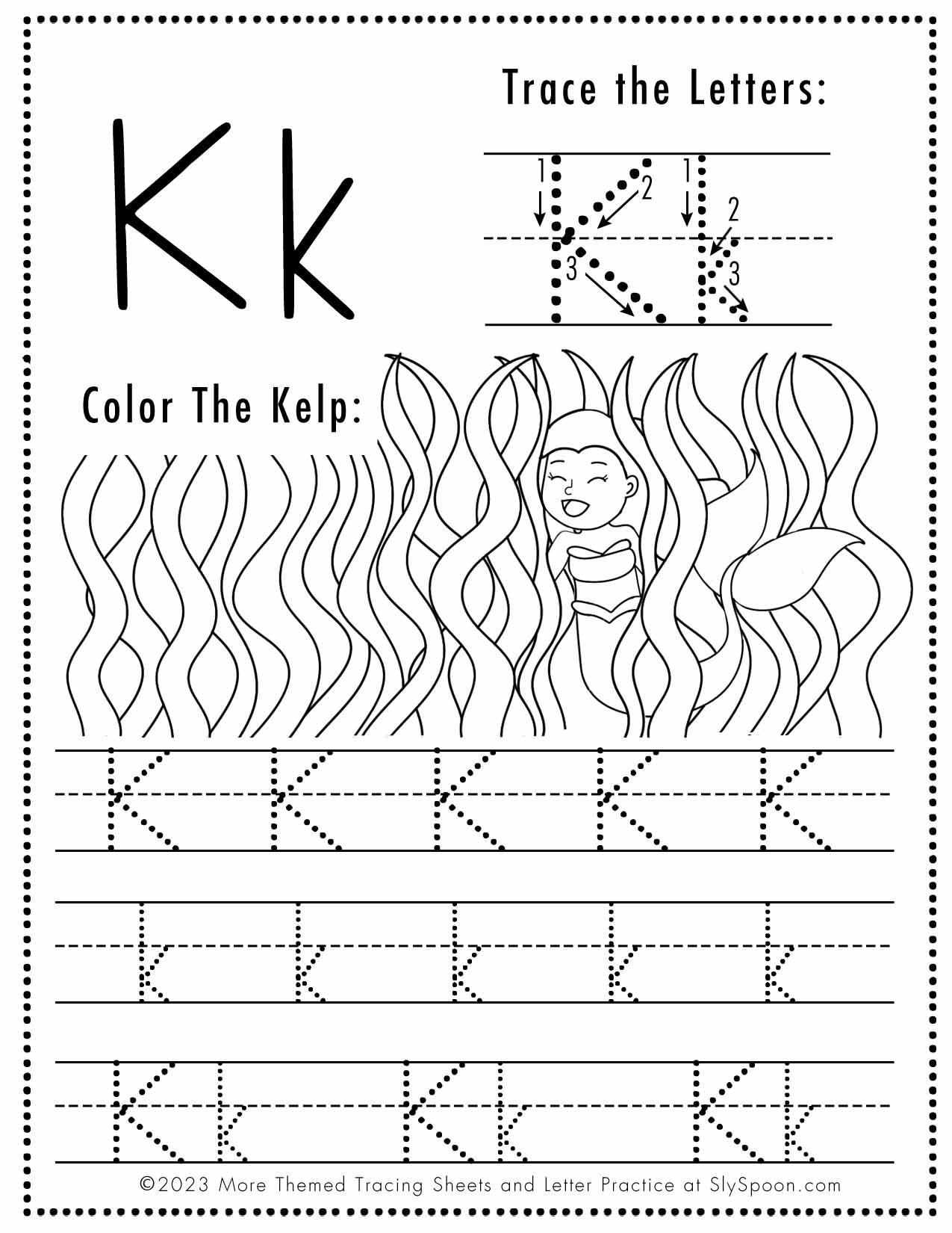 Free Letter K Tracing Worksheet Printable Mermaid Themed Sly Spoon