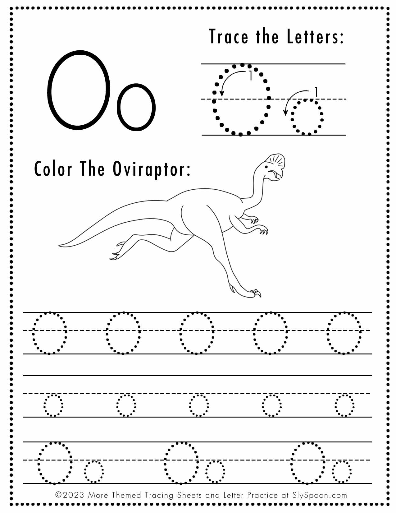 Free Letter O Tracing Worksheet Printable Dinosaur Themed Sly 